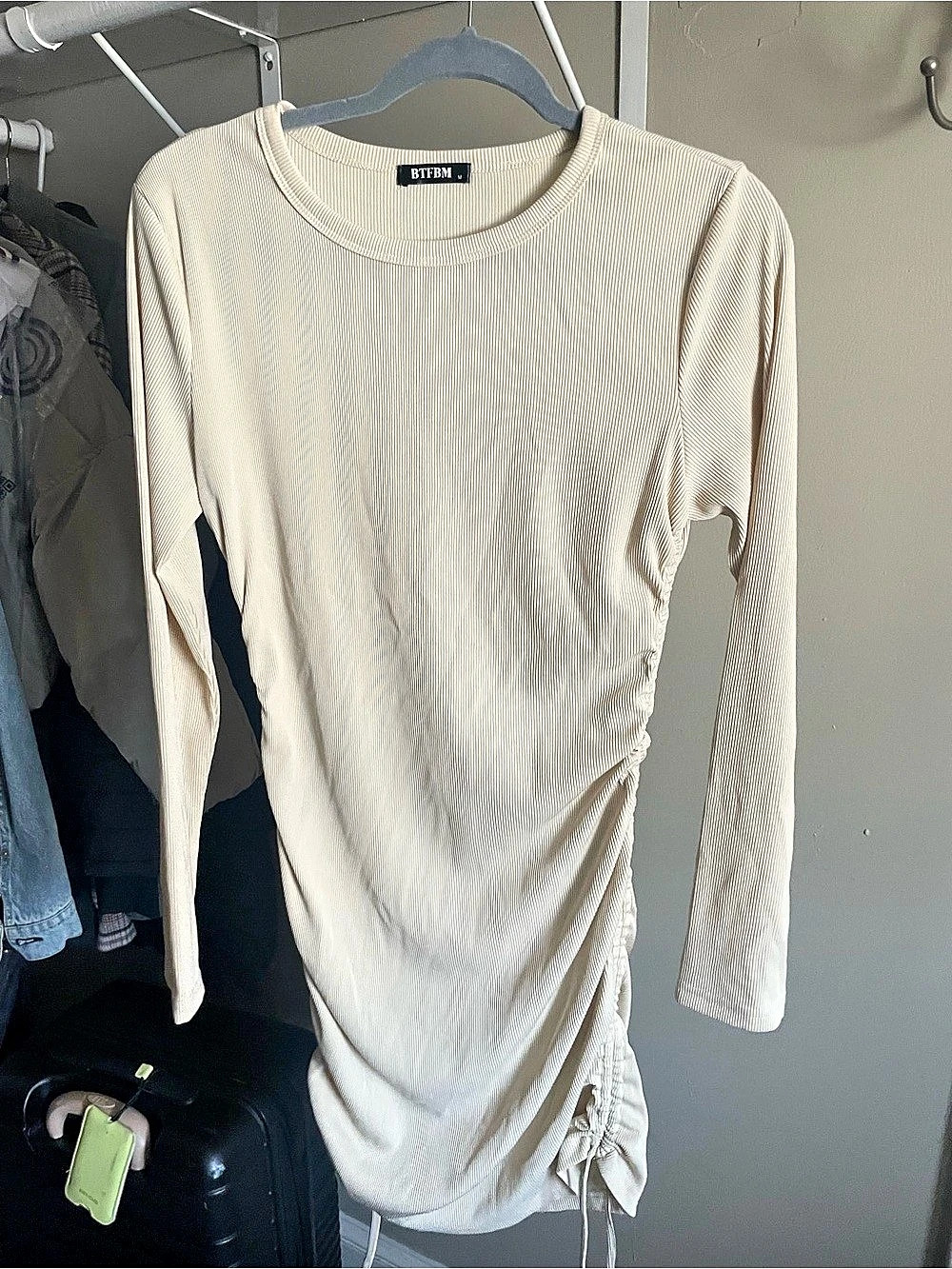 BTFBM Women's Long Sleeve Crew Neck Ruched Ribbed Bodycon Mini Dress Ruched